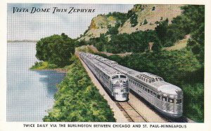 Postcard Train Vista Dome Twin Zephyrs Between Chicago IL  + St Paul MN