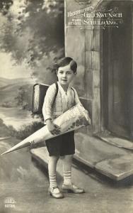 First Schoolday, Young Edwardian Boy with School Cone (1910s) RPPC Postcard