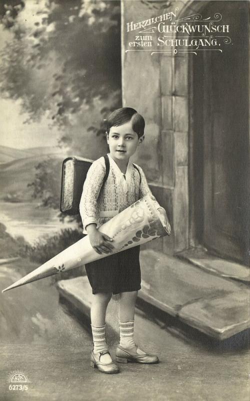 First Schoolday, Young Edwardian Boy with School Cone (1910s) RPPC Postcard