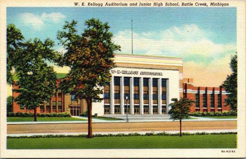 Vtg WK Kellogg Auditorium and Junior High School Battle Creek MI Postcard