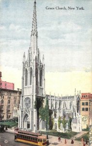 NEW YORK CITY, New York NY    GRACE CHURCH   Trolley   ca1910's Vintage Postcard