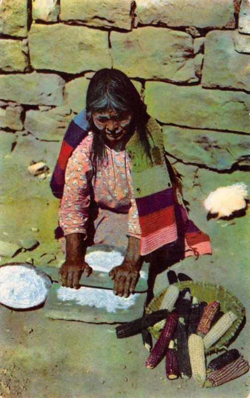 Hopi Grandmother Grinding Corn Meal Native Americana Vintage Postcard ca 1960s