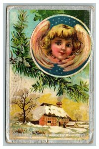 Vintage 1910 Christmas Postcard Angel Silver Border Snow Covered Home NICE