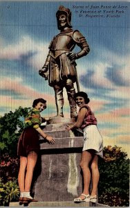 1930s ST. AUGUSTINE FLORIDA STATUE JUAN PONCE de LEON LINEN POSTCARD 29-69