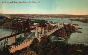 St. John Canada, Bridges and Reversible Falls Two-Lane Highway Vintage Postcard