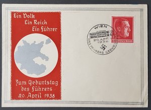 GERMANY THIRD 3rd REICH ORIGINAL FDC COMMEMORATIVE ENVELOPE 20.04.38 HITLER