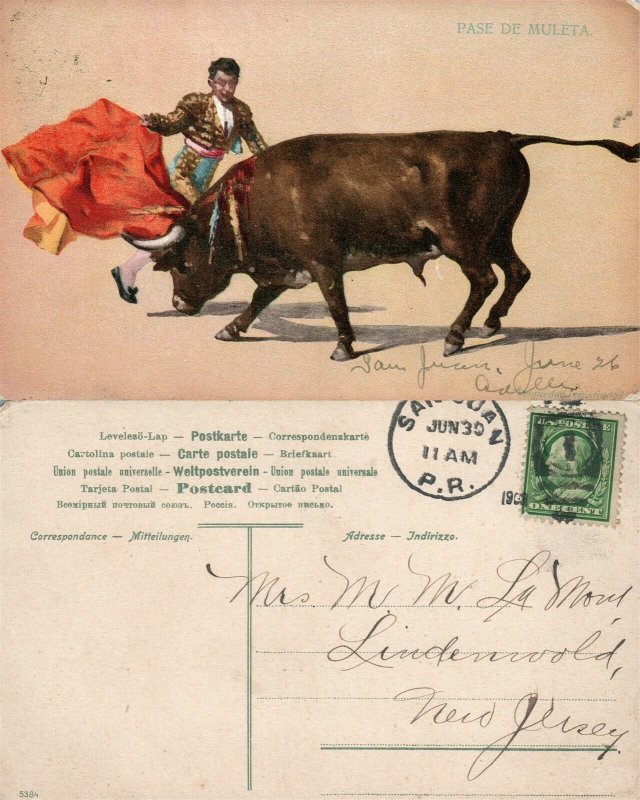 PUERTO RICO PASE DE MULETA ANTIQUE POSTCARD CORK CANCEL BULL FIGHTING