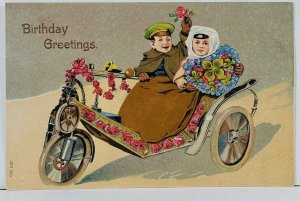 Birthday Greeting Children in 3-Wheeled Motor Cycle Vehicle Embossed Postcard L3