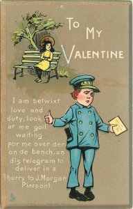 Artist impression C-1910 Valentine telegraph Delivery boy saying Postcard 7355