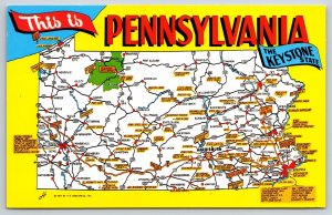 State Map~Pennsylvania~Keystone State~Vintage Postcard