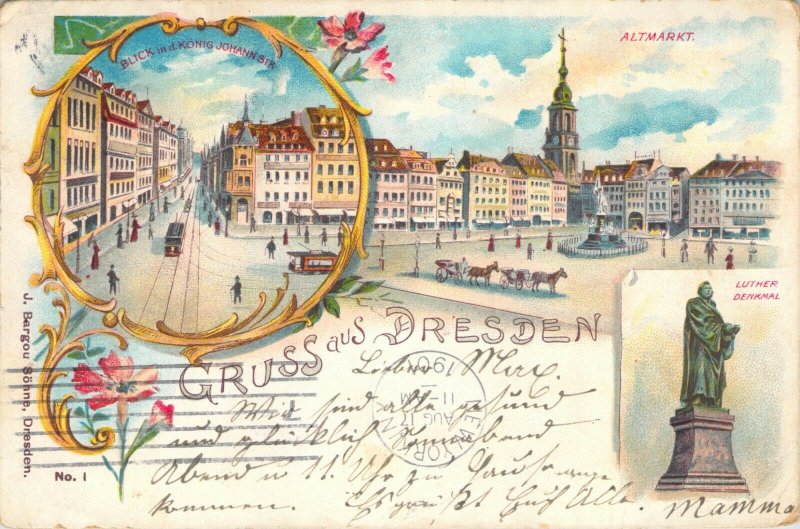 Gruss aus Dresden Altmarkt Blick in d Konig Johann Str 1901 Undiv. Back Postcard