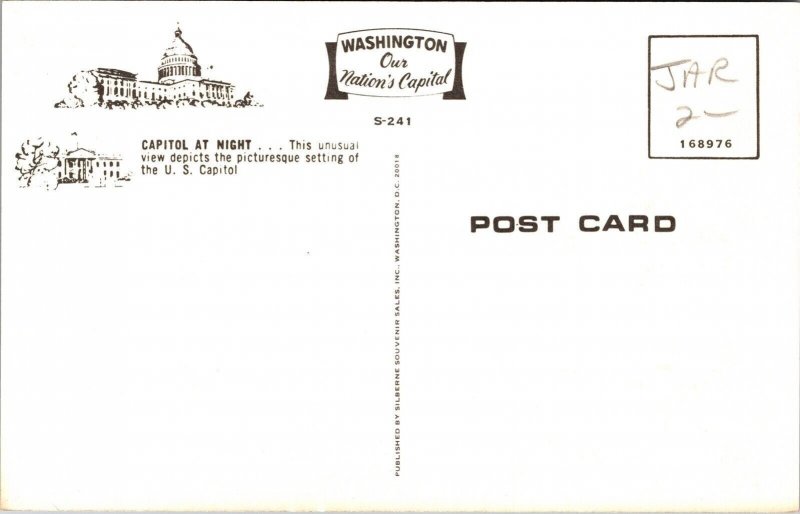 US Capitol Night View Washington DC Postcard VTG UNP Silberne Vintage Unused 