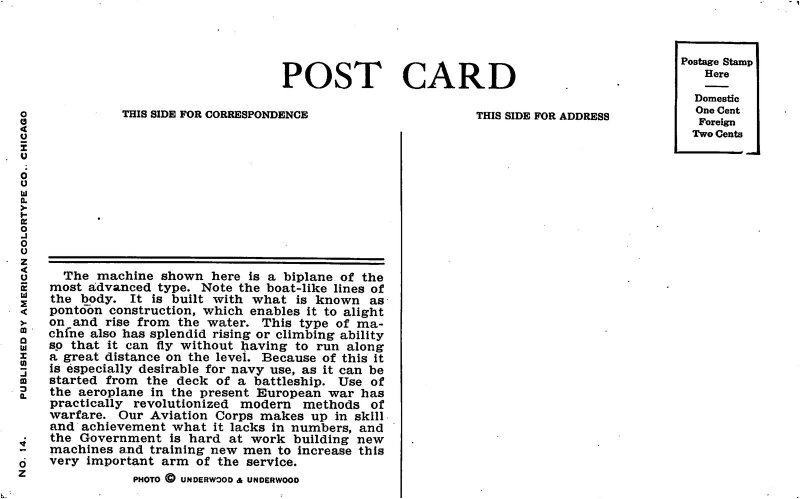 US Navy Hydro Aeroplane Sea Plane 1910s postcard