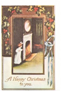 A Happy Christmas To You, Girl At Fireplace, Vintage Reproduction Postcard