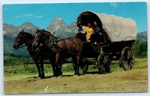 GRAND TETON NATIONAL PARK, WY Wyoming ~ Folks in COVERED WAGON 1953 Postcard