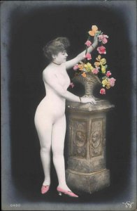 Woman in Studio Body Suit & Flowers Semi Nude Tinted Real Photo Postcard #5