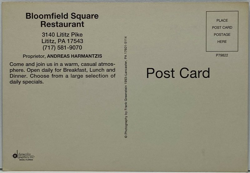 Lititz PA Pennsylvania Bloomfield Square Restaurant 1950s Exterior View Postcard