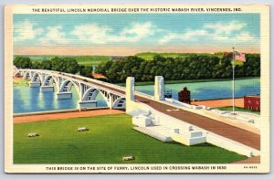 Vincennes IN~Lincoln Memorial Bridge~Wabash River~US Flag~1940s Linen Postcard