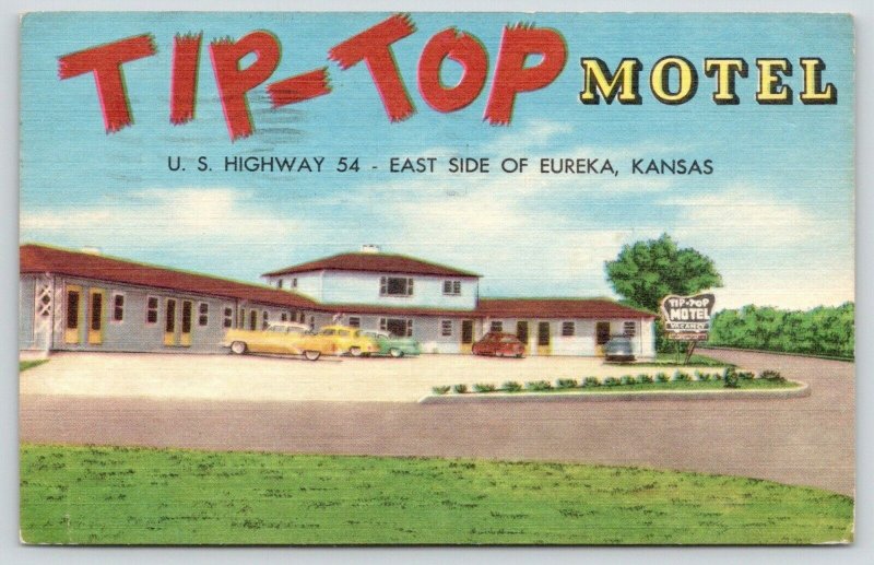 Eureka Kansas~Tip-Top Motel~Roadside US Highway 54~1958 Linen Postcard 