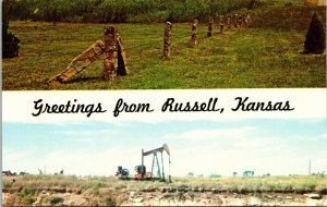 Greetings from Russell, Kansas KS Postcard stone post fences, oil wells