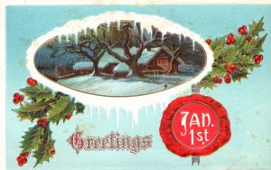 1911 Greetings January 1st Landscape Winter Snow Home Souvenir Vintage Postcard