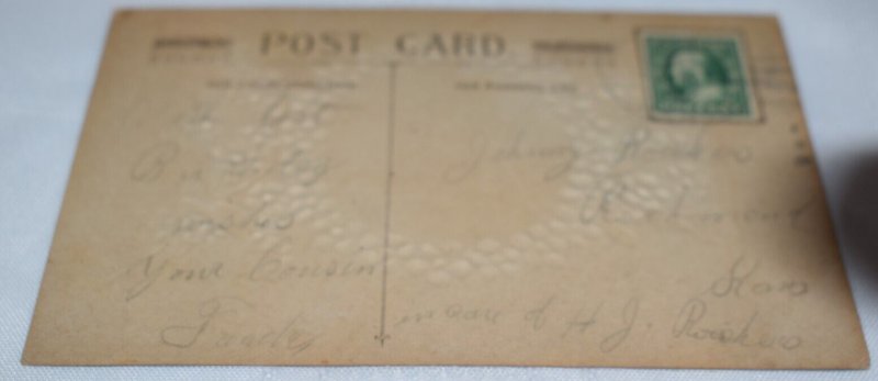 Birthday Greetings Blue Flowers Landscape Scene Embossed Postcard