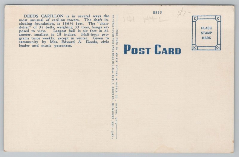 Dayton Ohio~Deeds Carillon Tower~Vintage Postcard 