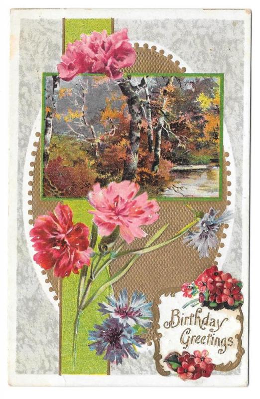 Birthday Greetings Carnations Woodland Scene Postcard