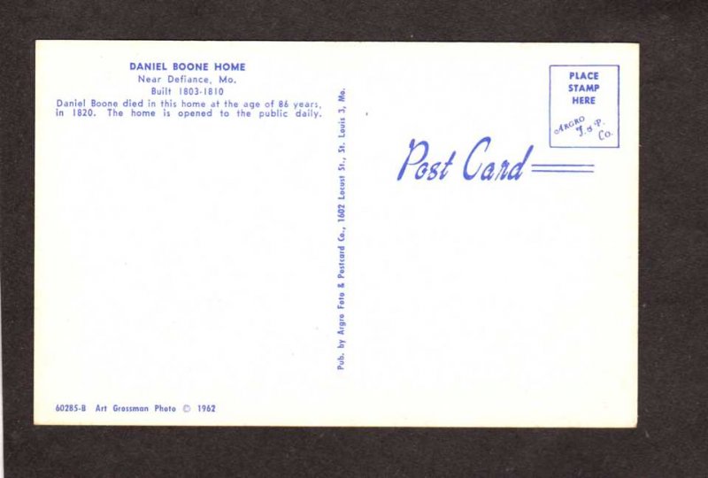 MO Daniel Boone House Home Death nr Defiance Missouri Postcard
