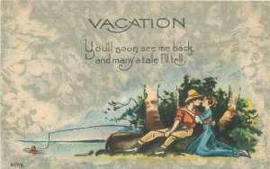 Postcard RPPC Arts & Crafts Vacation Romance Fishing 1915 23-2433