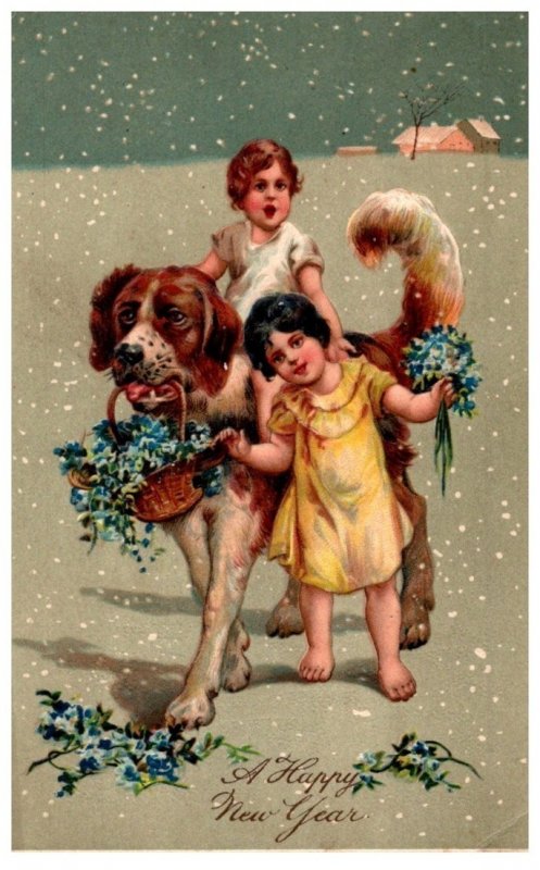 Dogs ,   girls riding in snow, Happy New year