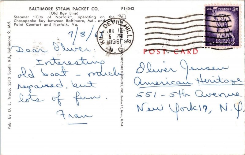 Old Bay Line Steamer City Norfolk Chesapeake Bay Postcard Kill Devil Hills PC22