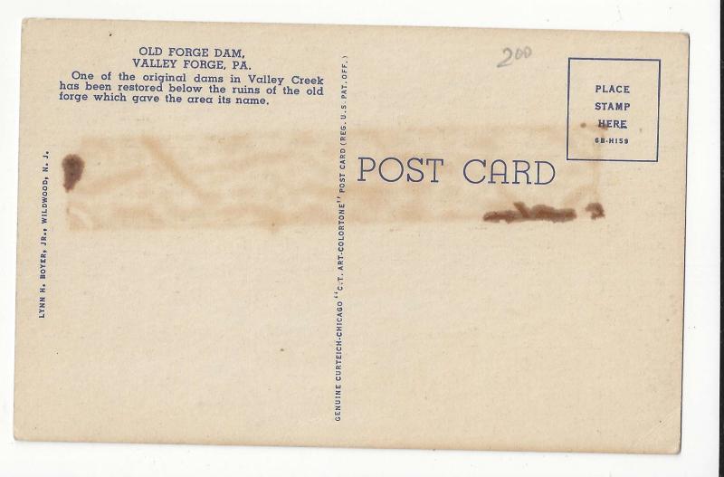 PA Valley Forge Old Forge Dam Curteich Vintage Linen Postcard