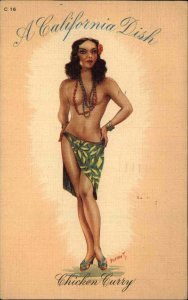 California Dish Topless Semi-Nude Bathing Beauty Chicken Curry Linen Postcard