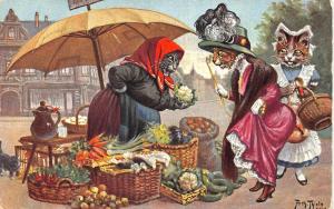 Artist Arthur Thiele Dressed Cats at The Market Series 1077  Postcard