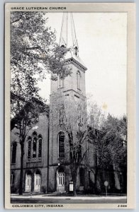 Columbia City Indiana~Grace Lutheran Church Bldg~Cupola~Spire~1940s B&W Postcard
