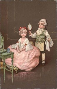 Art Nouveau Victorian Children Powdered Wigs Antique Mirror c1910 Postcard