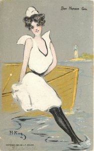 c1907 Postcard Bar Harbor ME Girl by Boat & Lighthouse, Artist Signed H. King