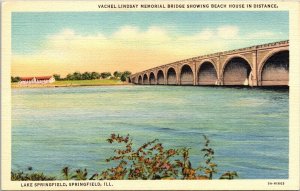 Vachel Lindsay Memorial Bridge Beach House Linen Lake Springfield Il Postcard 