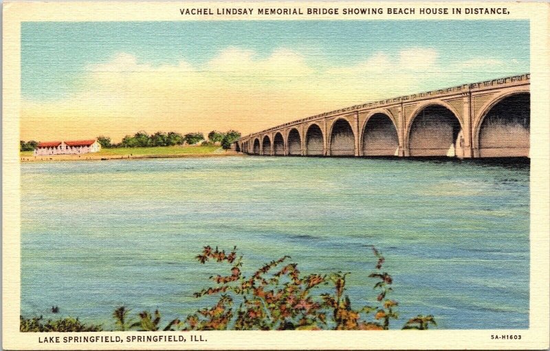 Vachel Lindsay Memorial Bridge Beach House Linen Lake Springfield Il Postcard 