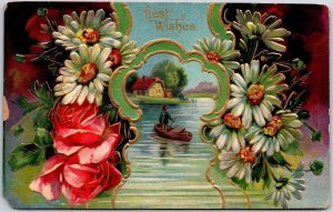 1909 Best Wishes Colorful Flowers River Landscape Man Boating Posted Postcard