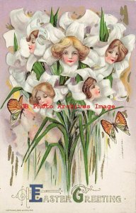 6 Postcards Set, Easter, Winsch 1910, Schmucker, Women in Flower Faces,Butterfly