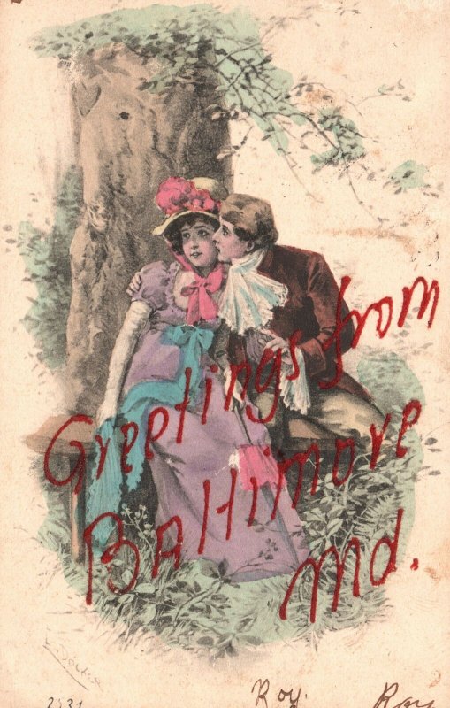 Vintage Postcard 1907 Lovers Under Tree Greetings from Baltimore Maryland Comics