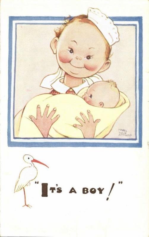 Artist Signed Mabel Lucie Attwell No. 1667, It's a Boy!, Stork