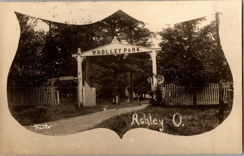 RPPC Entrance Arch Sign Woolley Park, Ashley OH c1910 Vintage Postcard S37