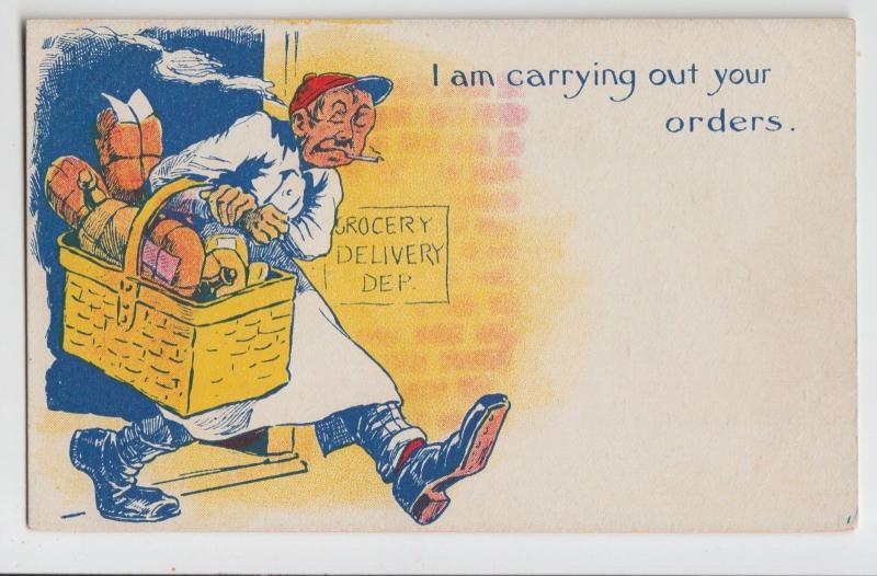 Old COMIC Postcard GROCERY DELIVERY SERVICE Basket of Food