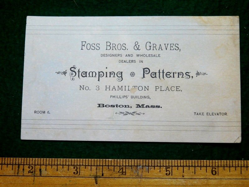 1870s Foss Bros. & graves Stamping & Patterns, Boston, MA Victorian Card F12