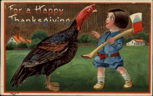 THANKSGIVING Little Boy w Hatchet and Turkey Antique GEL Postcard