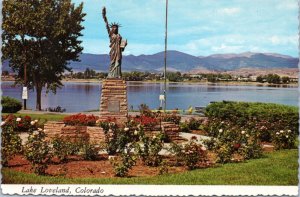 Postcard CO Boy Scout Monument and Lake Loveland Statue of Liberty