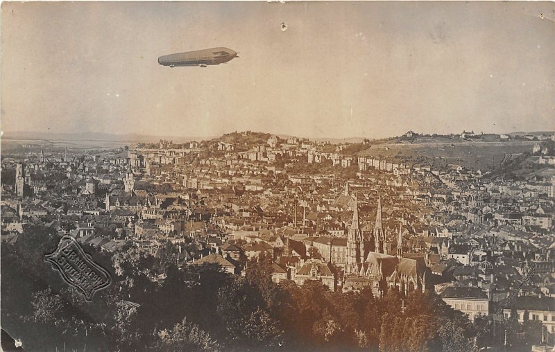 G42/ Foreign RPPC Postcard c1910 Stuttgart Germany Birdseye Blimp Zeppelin